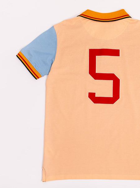 Flat lay of men's multicoloured polo shirt with giant number 5 on the back, made of 100% cotton.